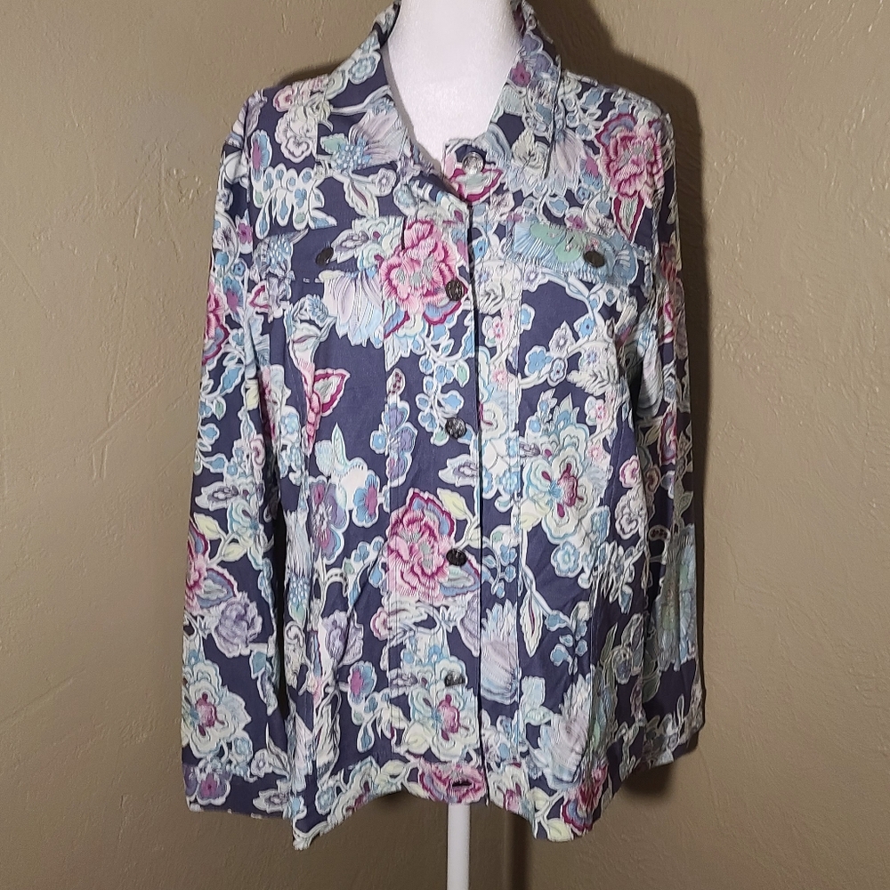 2 For $18 New Appleseed's Stretchy Floral Faux Denim Jacket size L Large